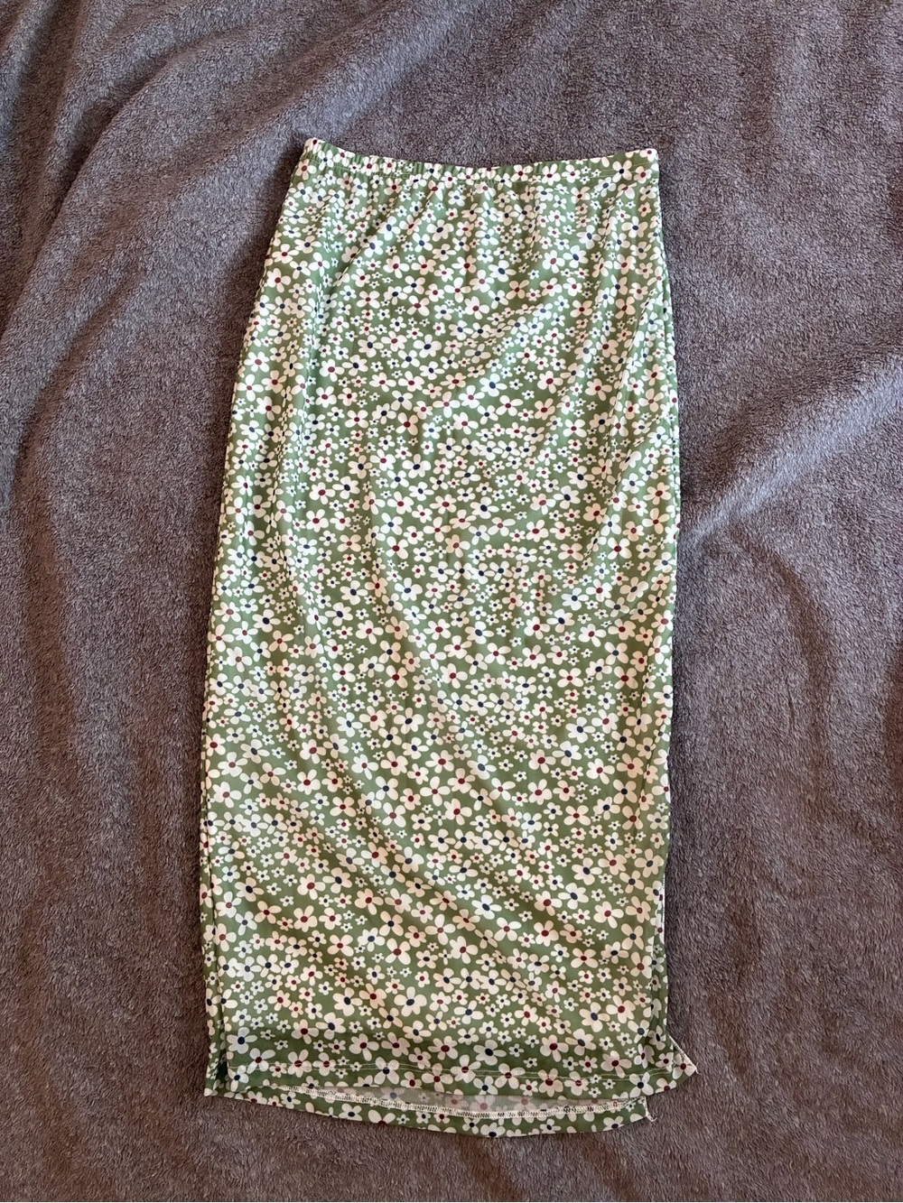 Green Floral Midi Skirt with Elastic Waist